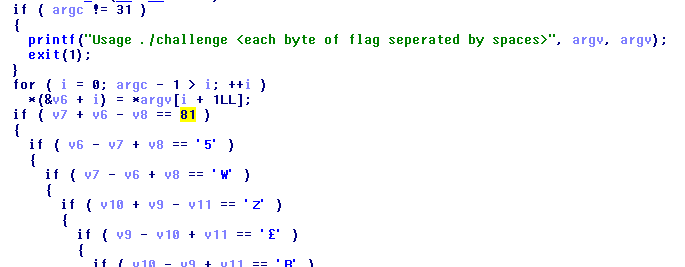 Screenshot of decompiled main() function checking flag length and conditions